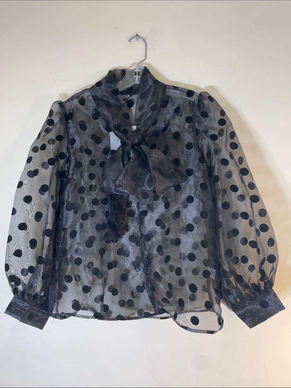 LOVE X DESIGN Black Organza Flock Dot Tie Neck Blouse. M. NWT.